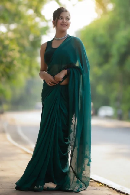 Elegant Dark Green Mulmul Cotton Saree
